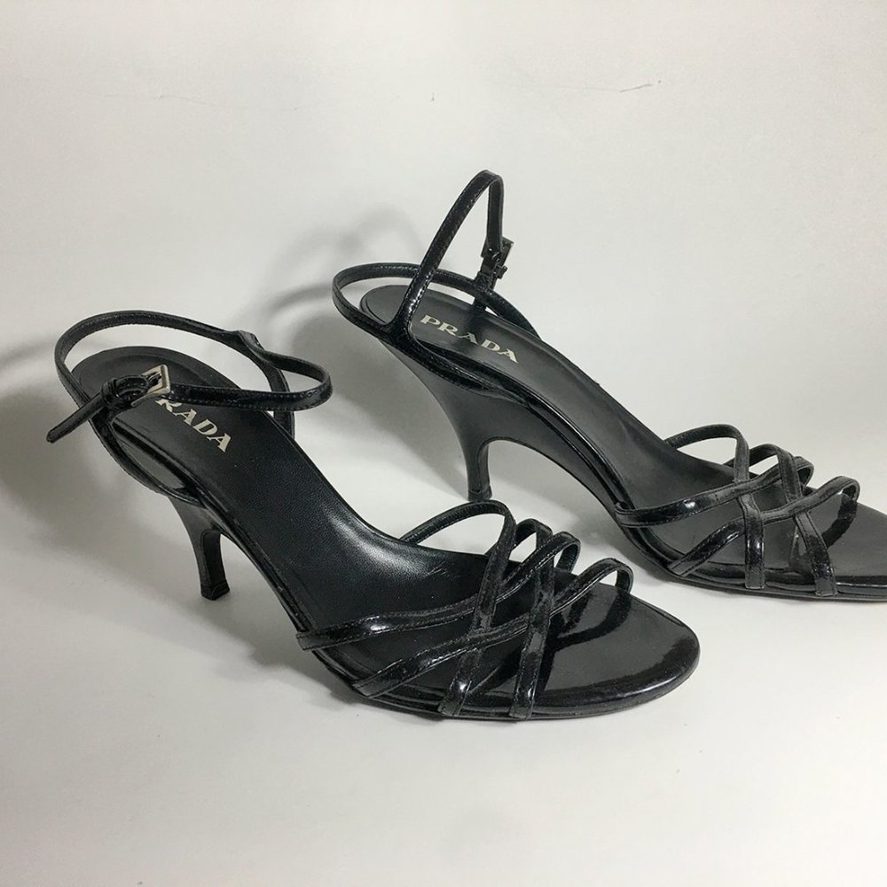 PRADA Black Leather Strappy Heels Shoes 38.5